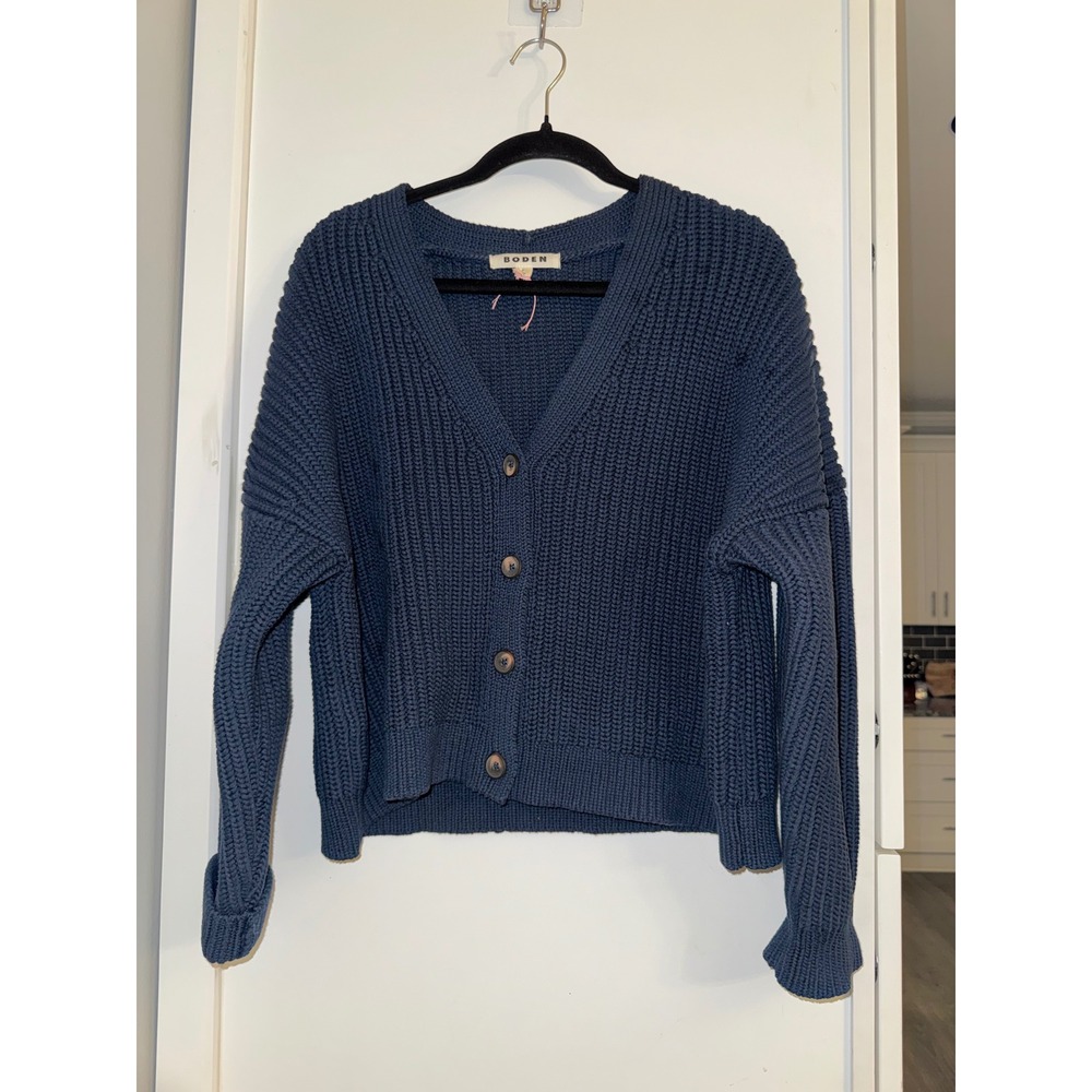 Boden Navy Blue Shaker Stitch Chunky Knit V-Neck Cardigan K0788 Womens Medium
